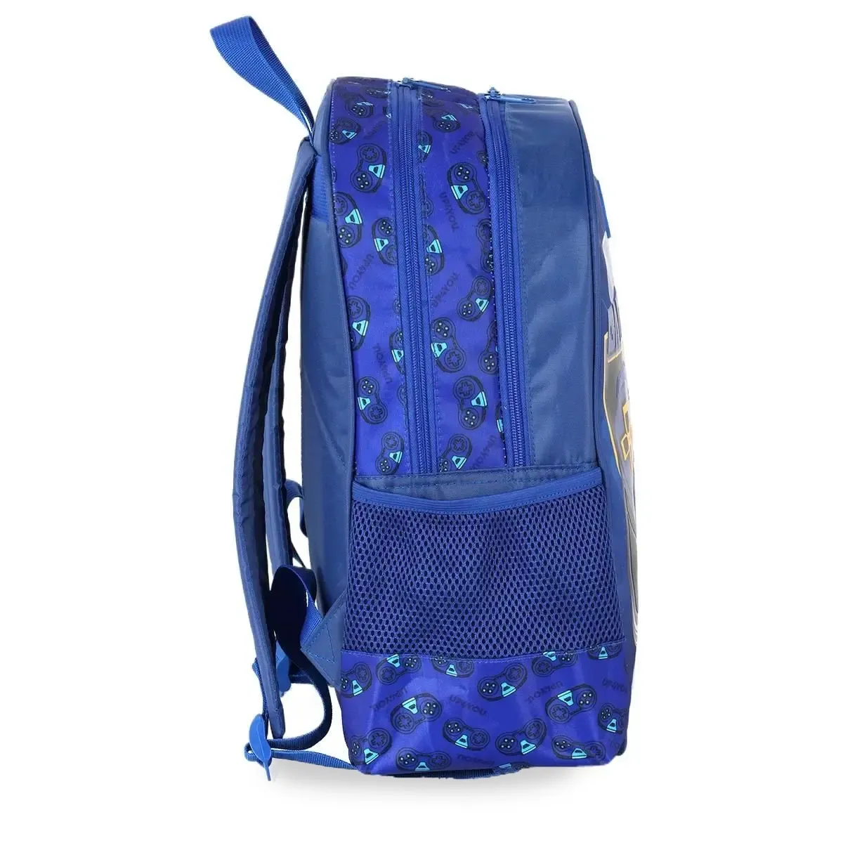 Mochila infantil azul Luxcel vista de lado com alças acolchoadas e bolso lateral